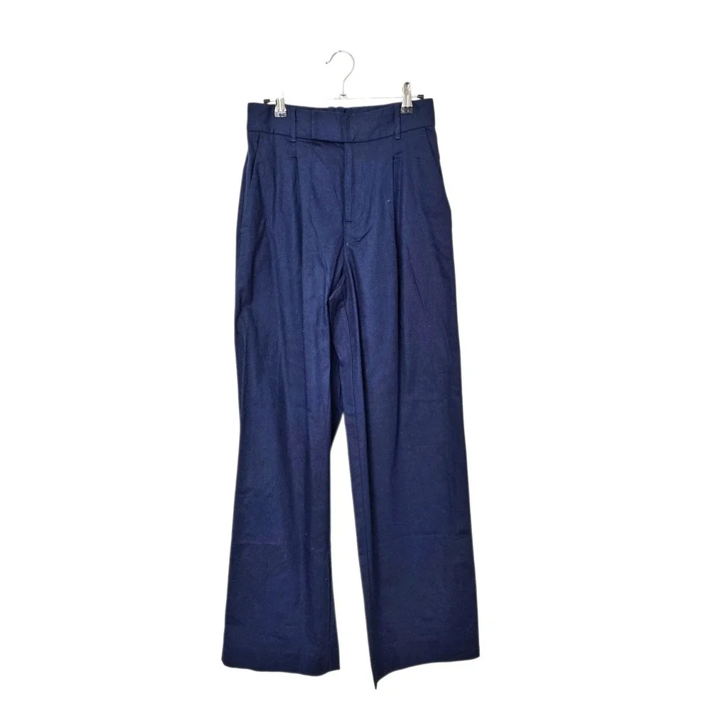 Banana‎ Republic Wide Leg Pants Womens 2 Navy Blue Linen Cotton Pleated
